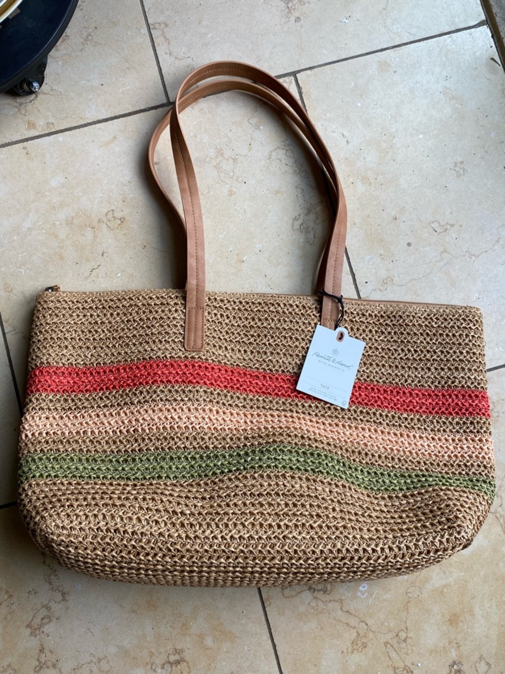 Woven Tote Beach Bag Striped Red Cream Green Hearth & Hand with Magnolia Summer